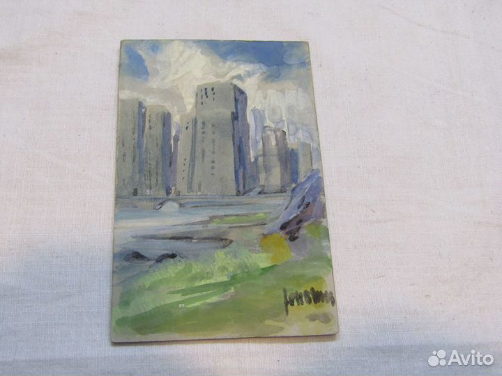 Открытка старинная. Город, высотки. Акварель №5301