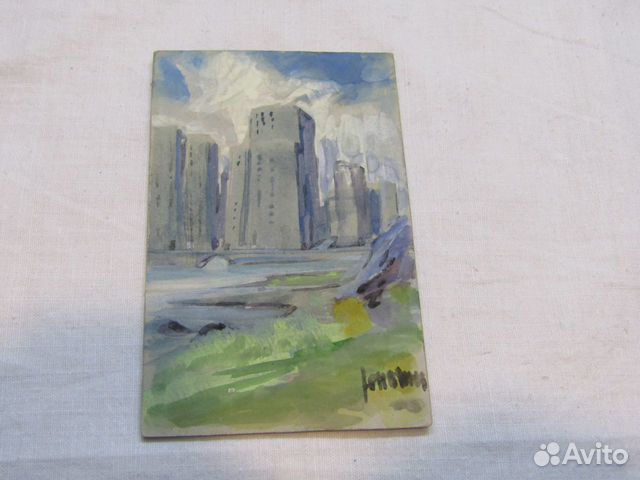 Открытка старинная. Город, высотки. Акварель №5301