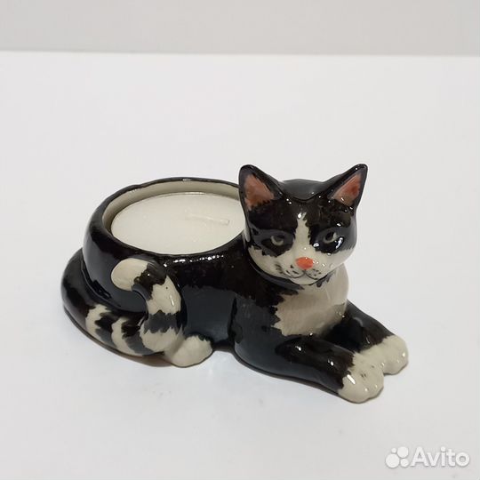 Фарфоровая статуэтка кот чёрный.Подсвечник Франция
