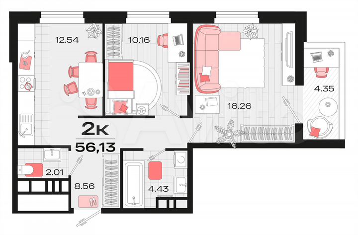 2-к. квартира, 55,4 м², 13/14 эт.