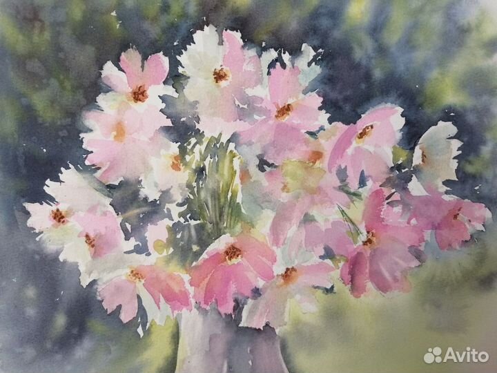 Картина акварелью цветы космеи 30 40