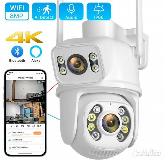 Камера видеонаблюения 8мр wi-fi двойная уличная