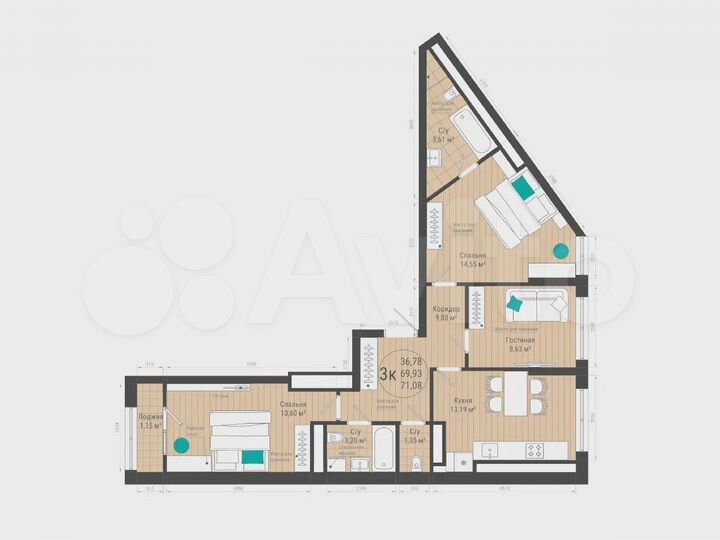 3-к. квартира, 71,1 м², 25/27 эт.