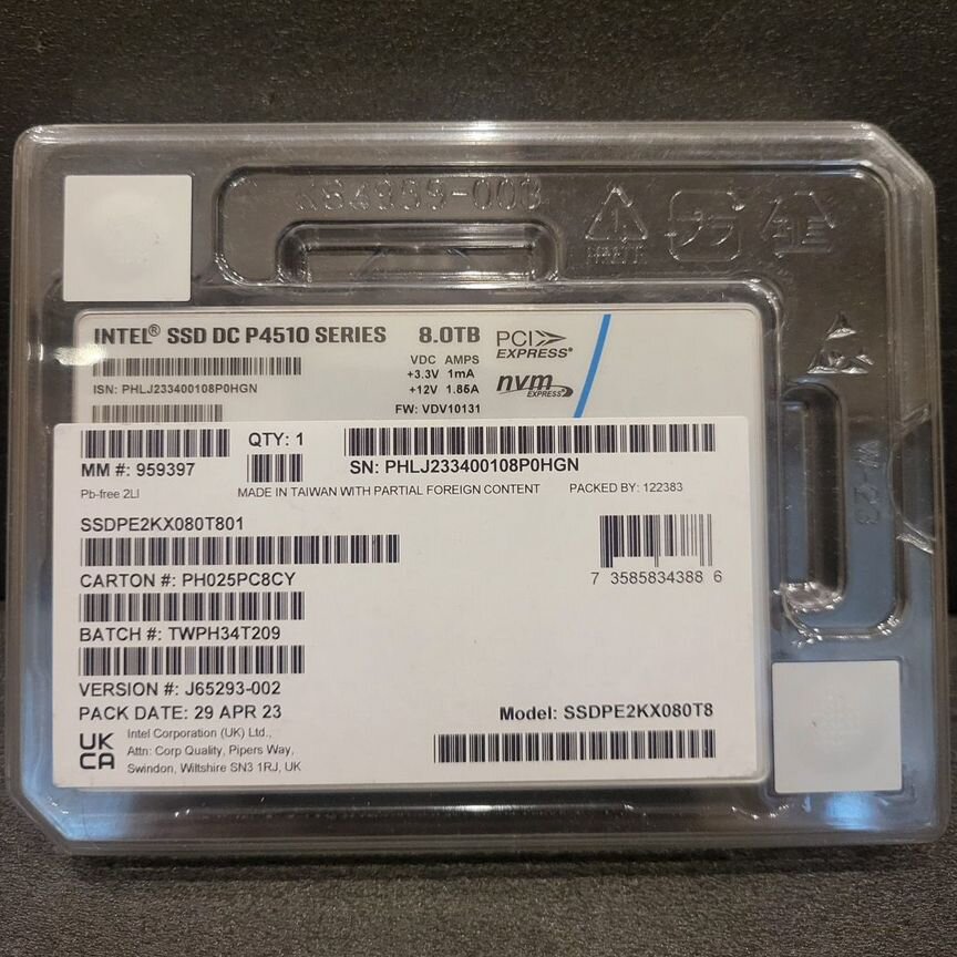 [P4510] Intel Dc Ssdpe2kx080t801 8tb U2 P4510