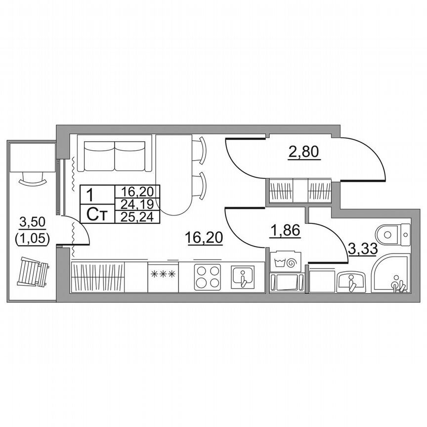 Квартира-студия, 27,4 м², 4/11 эт.