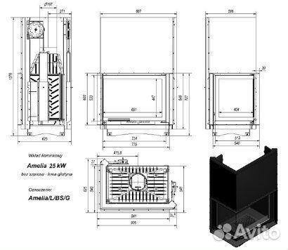 Камин amelia/L/BS/G, Г-образное стекло слева, гиль