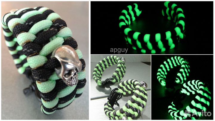 Браслет из паракорда 550 двойной с черепами фосфор