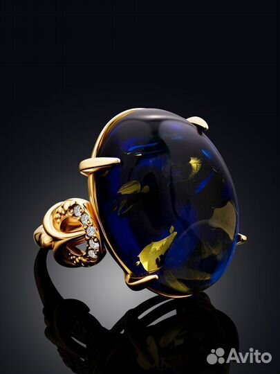 Позолоченное Кольцо с Натуральным Синим Янтарем