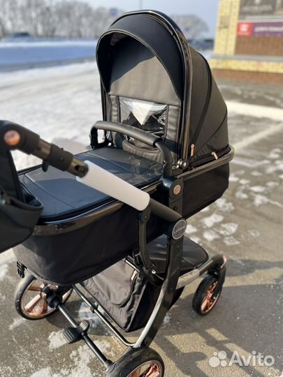 Коляска для новорождённого 2 в 1 экокожа черная
