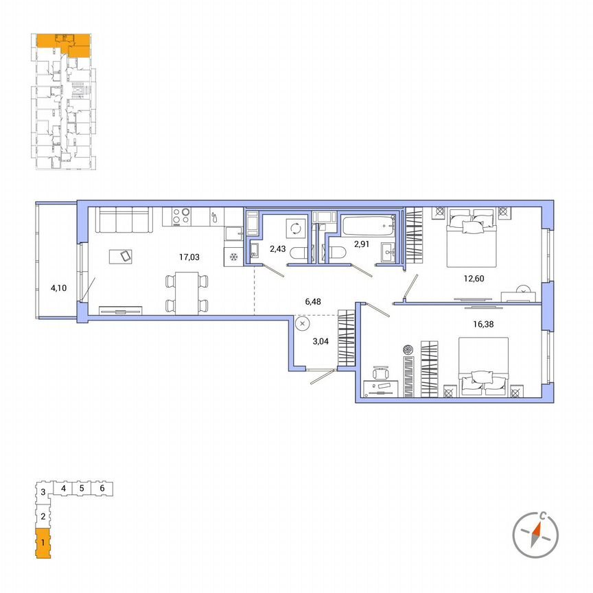 2-к. квартира, 62,1 м², 2/7 эт.