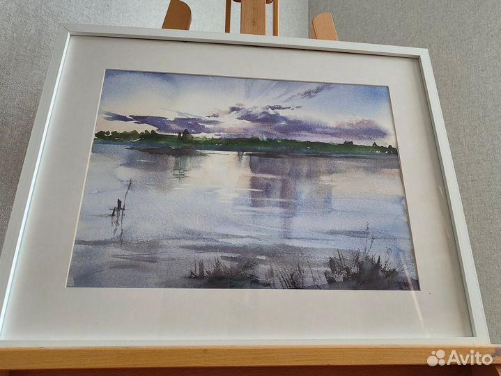 Картина акварелью Закат на озере