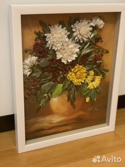 Картина ручной работы, цветы, вышивка лентами