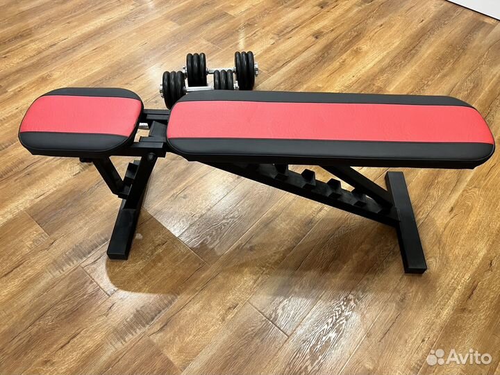 Скамья для жима, гантели, штанга
