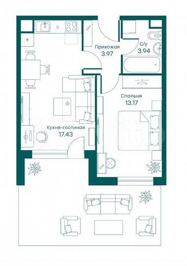 2-к. апартаменты, 38,5 м², 1/4 эт.