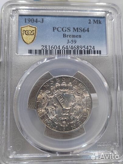 2 марки 1904 г. Бремен. Слаб pcgs MS64
