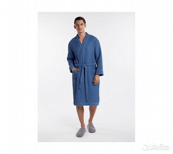Халат вафельный мужской Home One голубой джинс 52