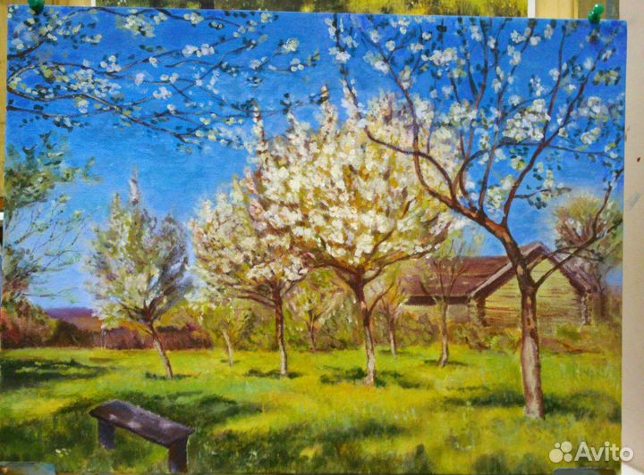 Картина, холст, живопись, цветущие яблони