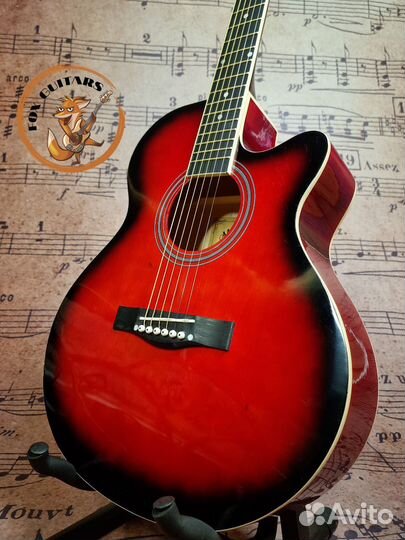 Акустическая гитара красная + аксессуар на выбор