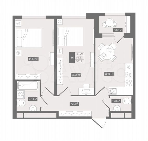 2-к. квартира, 57,2 м², 4/12 эт.