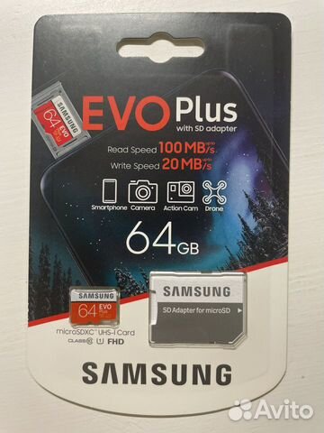 Карта памяти Samsung MicroSD 64Gb Evo Plus
