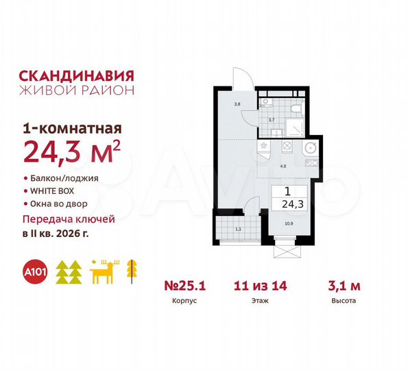 Квартира-студия, 24,3 м², 11/14 эт.