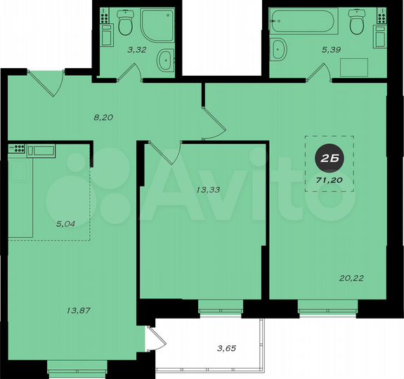 2-к. квартира, 71,2 м², 2/22 эт.