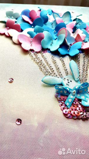 Картина (воздушный шар, вышивка, заяц, бисер)