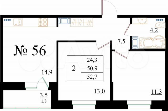 2-к. квартира, 52,7 м², 6/8 эт.