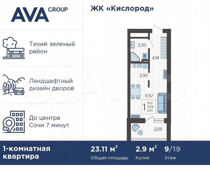 Квартира-студия, 23,1 м², 9/19 эт.