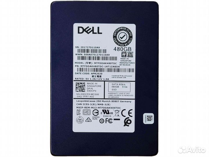 SSD Dell 480Gb, 6G (б/у) mtfddak480TDC