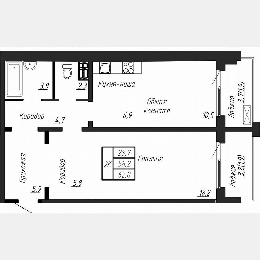 1-к. квартира, 62 м², 3/17 эт.