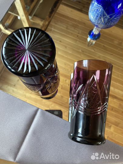 Графин, рюмки, стакан кобальт, марганец винтаж