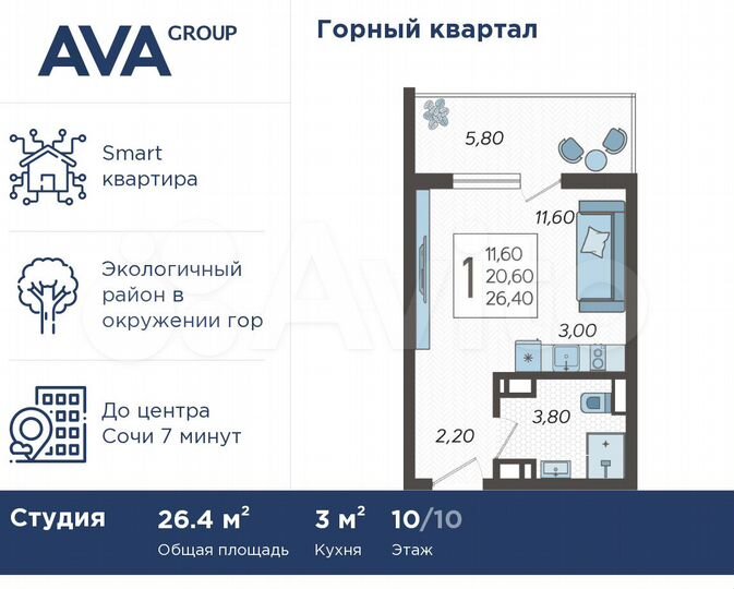 Квартира-студия, 26,4 м², 10/10 эт.