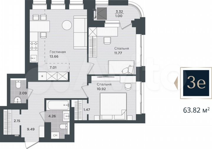 3-к. квартира, 63,8 м², 16/24 эт.