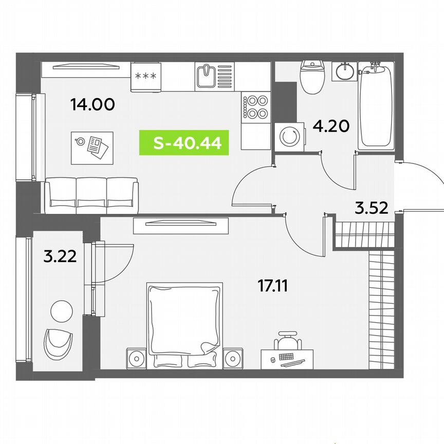 1-к. квартира, 40,4 м², 3/12 эт.