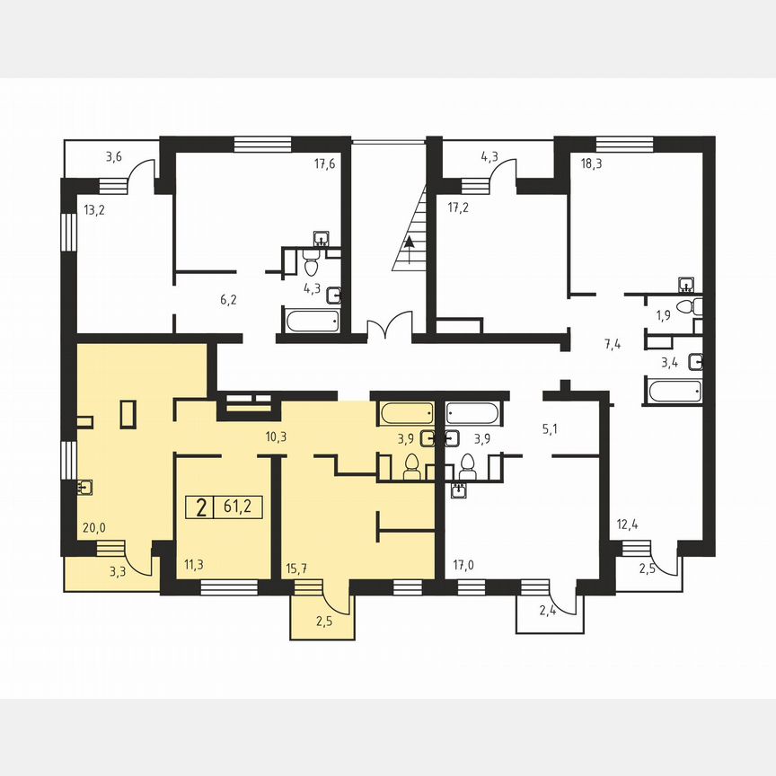 2-к. квартира, 61,2 м², 3/3 эт.