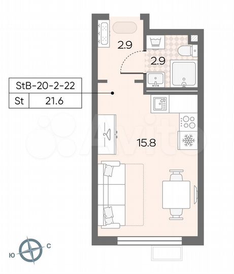 Квартира-студия, 21,6 м², 22/22 эт.