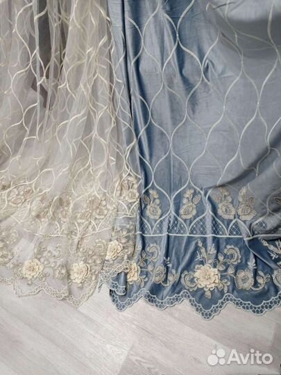 Шторы серо-голубой бархат,тюль компальоны 3D оаэ