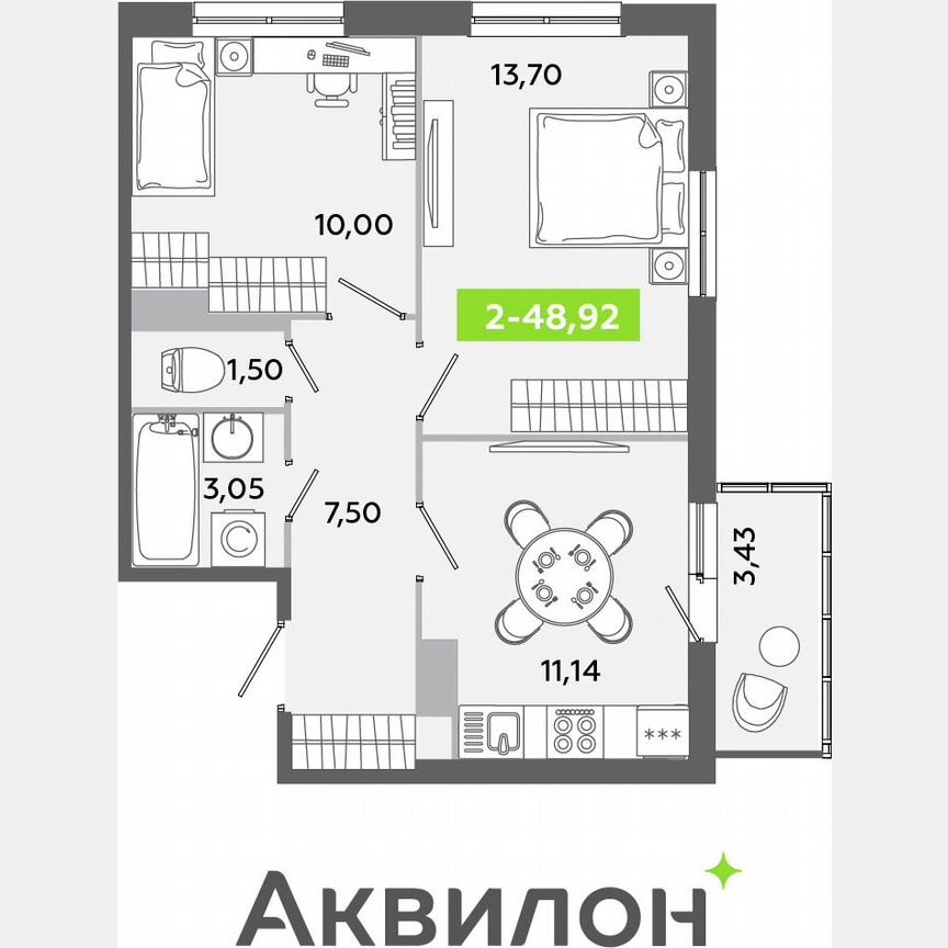 2-к. квартира, 48,9 м², 7/12 эт.