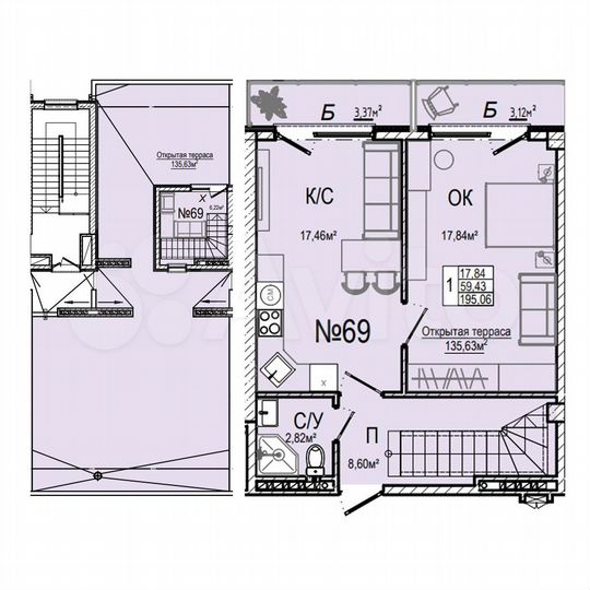 Квартира-студия, 59,4 м², 3/3 эт.
