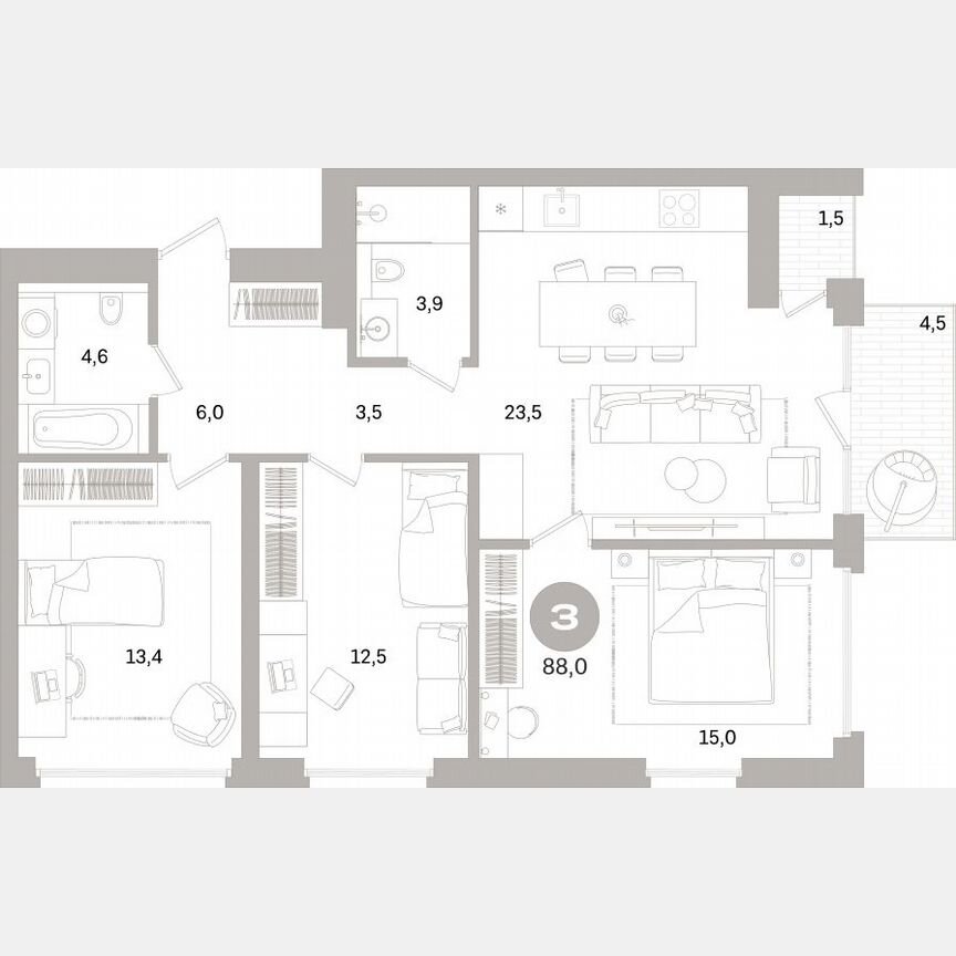 3-к. квартира, 87,3 м², 6/16 эт.