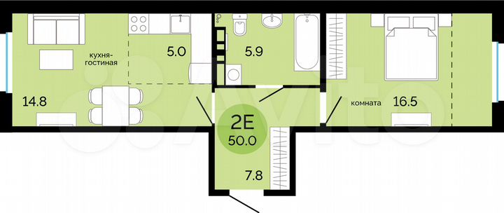 2-к. квартира, 50 м², 7/17 эт.