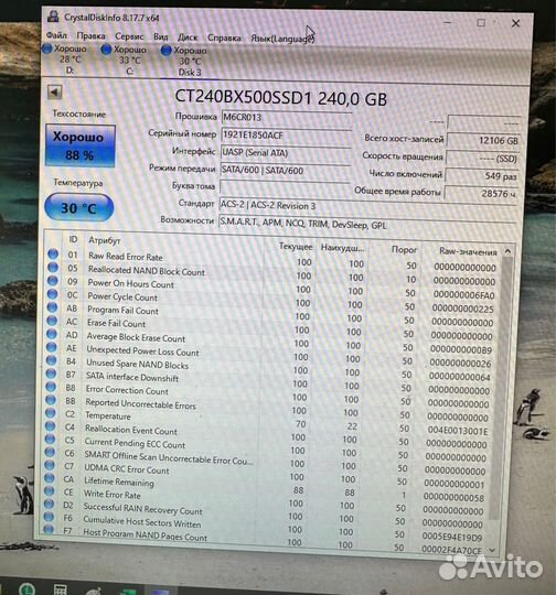 SSD SATA б/у 240 gb Crucial BX500 28576 ч