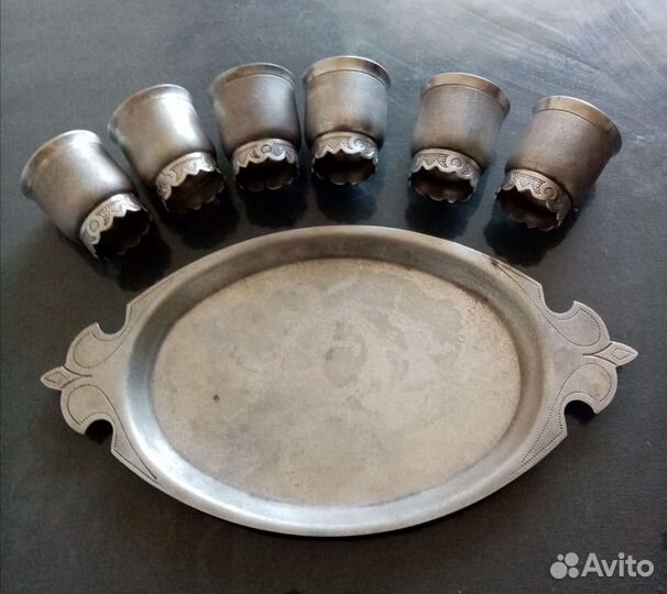 Поднос+ 6 рюмок серебро.352г.Столовые приборы СССР