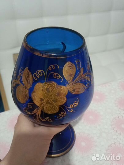 Ваза бокал синее стекло с золотом СССР