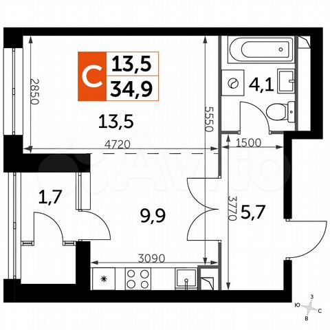 Квартира-студия, 34,9 м², 37/43 эт.