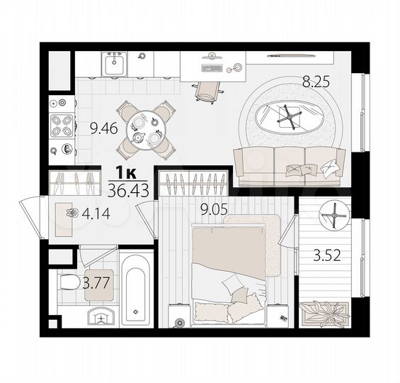 1-к. квартира, 36,4 м², 14/18 эт.