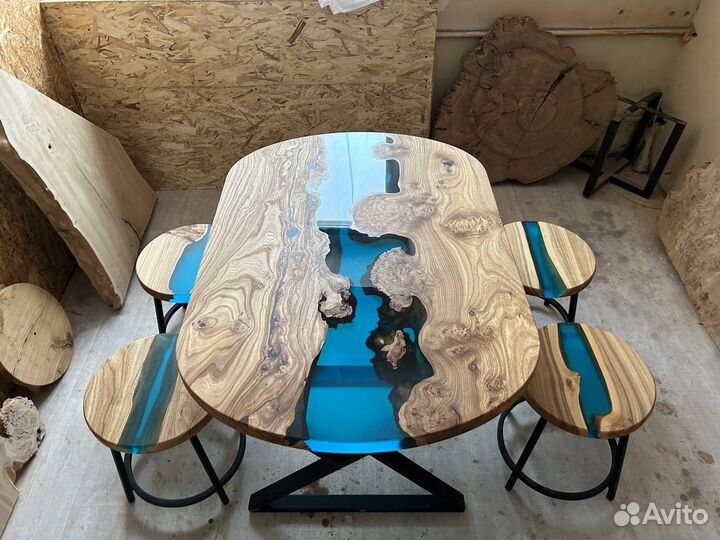 Стол гарнитур эпоксидная смола слэб карагач дуб
