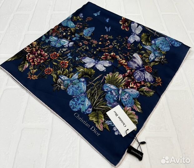 Роскошный Шелковый Платок Бабочки Цветы Синий