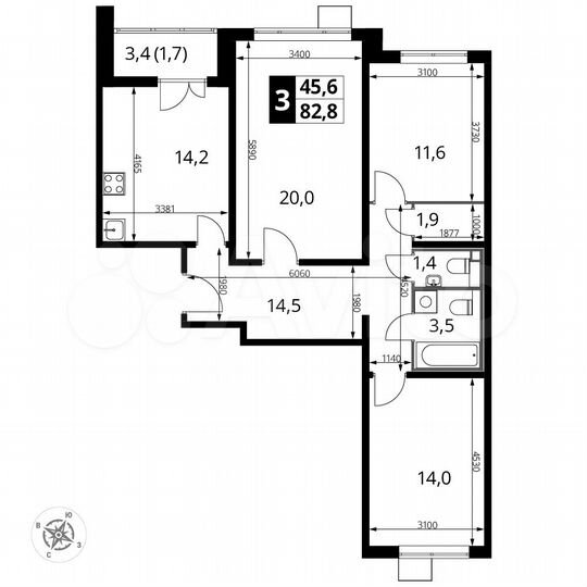 3-к. квартира, 82,8 м², 3/25 эт.